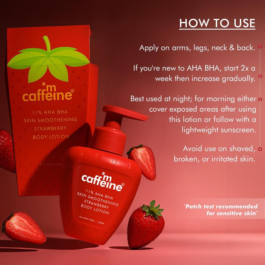 mCaffeine 11% AHA BHA Strawberry Body Lotion 200ml for Smooth Skin, Hydration & Juicy Fragrance, Men & Women