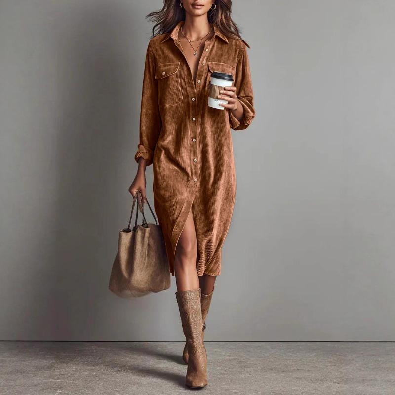 QICED Women's Fashion Solid Color Print Long Sleeve POLO Neck Casual Dresses