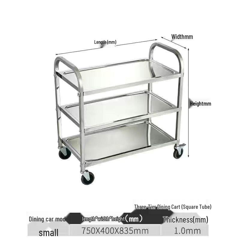 Stainless Steel Mobile Dining Cart – Three-Tier Restaurant and Hotel Dish Collection and Beverage Trolley.