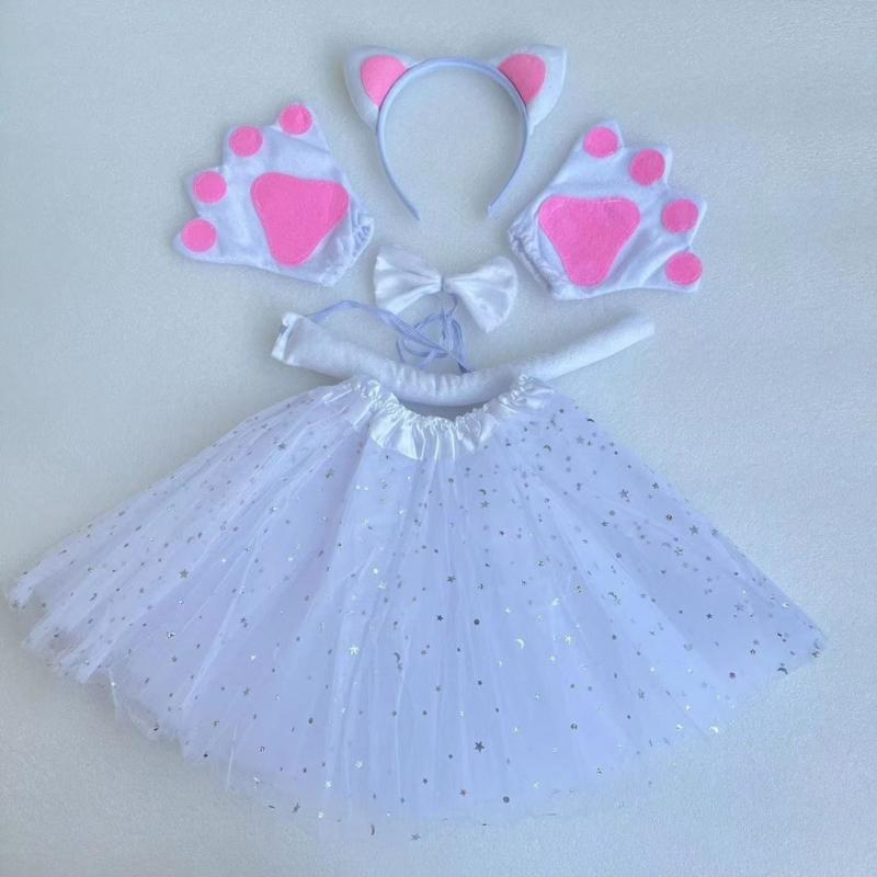 Cats Costume Set Includes Cats Tail Headband Bowtie Glove Skirt Halloween Catgirl Dress up Outfit for Kid Women Cosplay