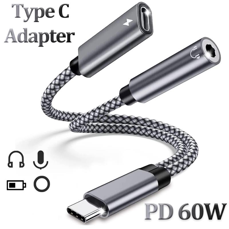 2 in 1 USB Type C to 3.5mm Headphone Audio Aux jack Adapter PD 60W Fast Charging Cable for Samsung Huawei Xiaomi Macbook iPhone