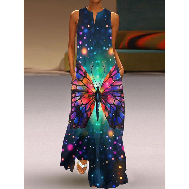 Fashion Plus Size Fancy Dress 3D Print Fashion V Neck Pocket Long Dress Large Swing Sexy Sleeveless Beach Dress