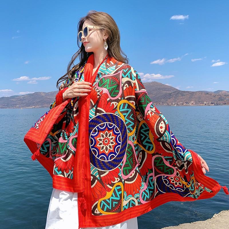 Ethnic Shawl Scarf Seaside Sunscreen Beach Silk Scarf Red Big Yarn Women'S Desert Travel Ladies Po Accessories Ladies