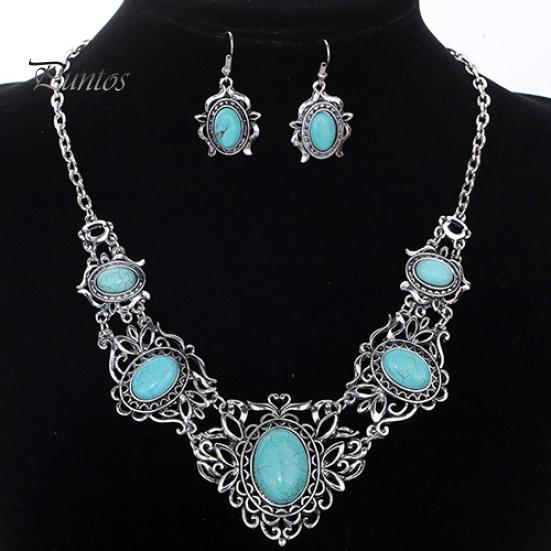 Women\'s Hollow Tibetan Oval Turquoise Bib Collar Necklace Earrings Jewelry Set