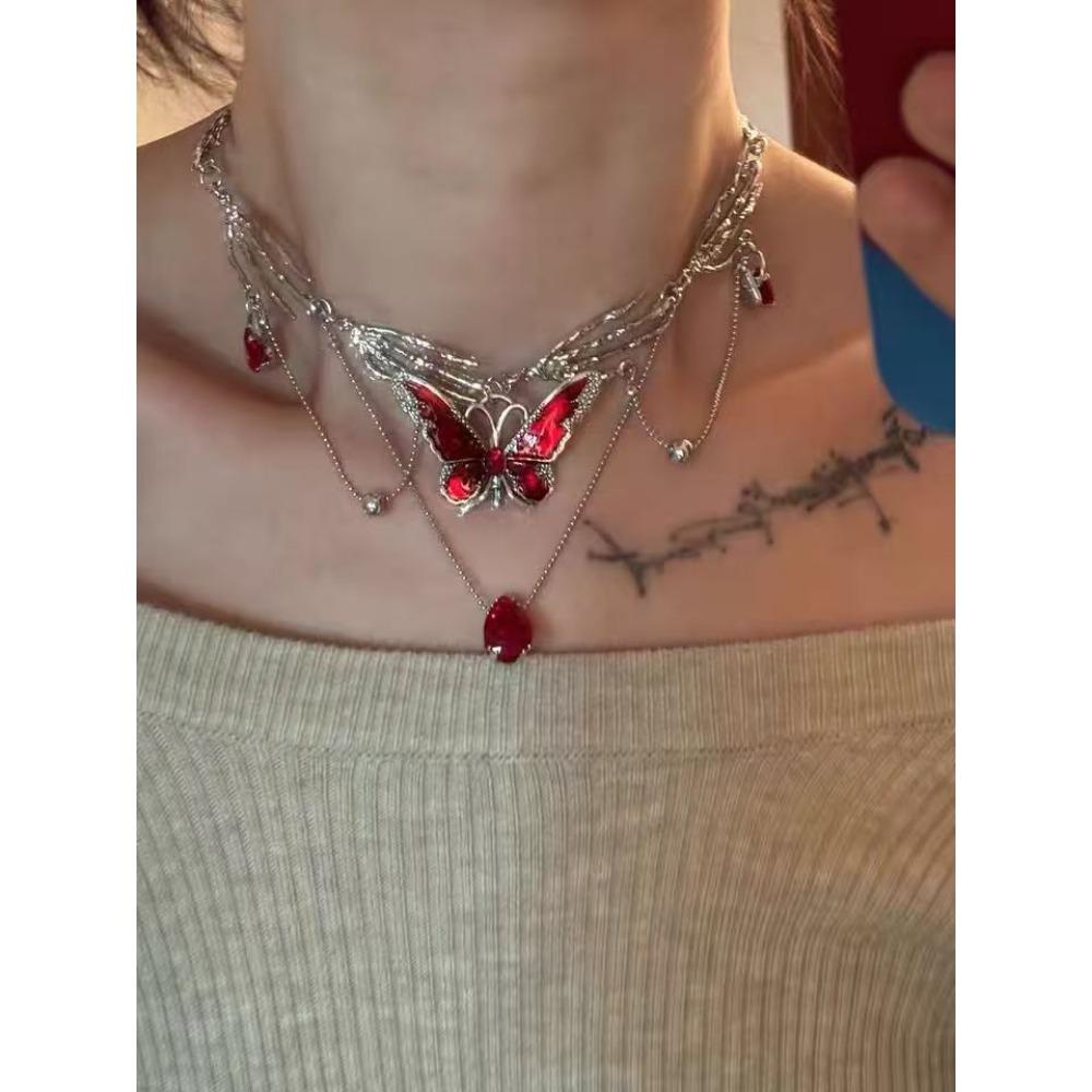 Sweet Cool Red Drip Glaze Butterfly Tassel Multi-Layered Collarbone Chain Necklace Spice Girls Devil's Claw Exaggerated Necklace Women