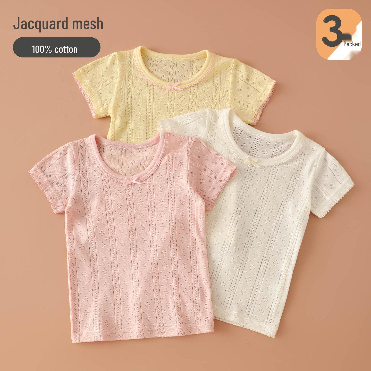 Girls Breathable Cotton Mesh T-Shirt with Colorful Lace Cuffs Size 100
