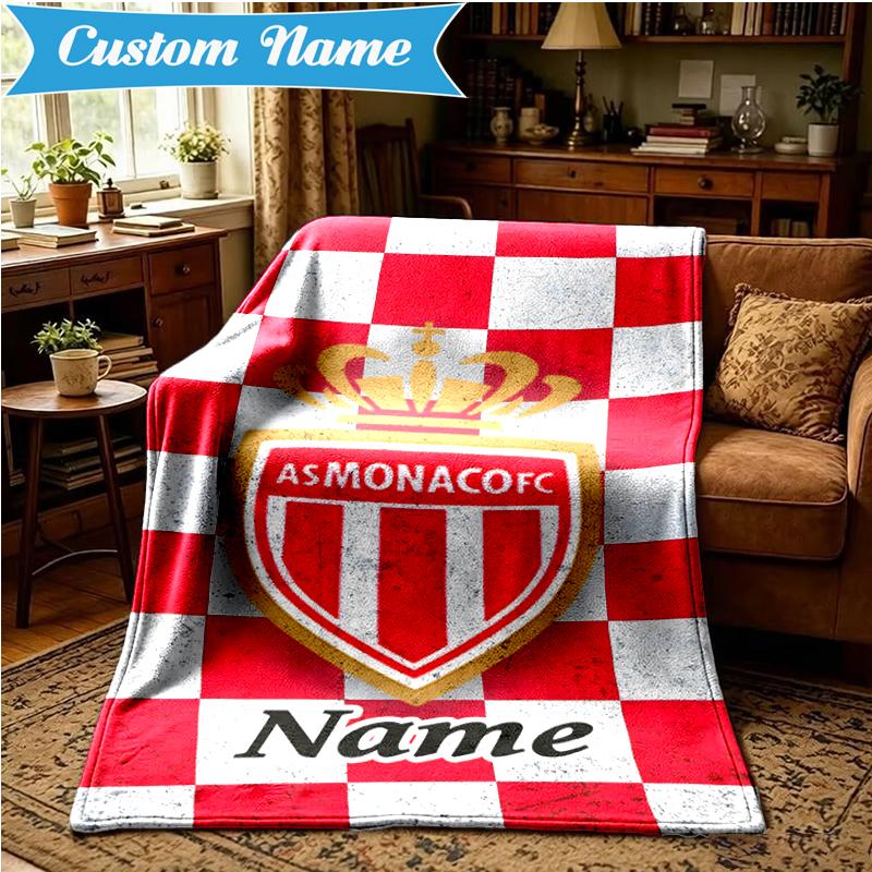 Custom Name Monaco Football Crest Blanket Lightweight Ideal Bedding Blanket Perfect for Travel, Camping, Living Rooms, Sofas, Christmas Gift