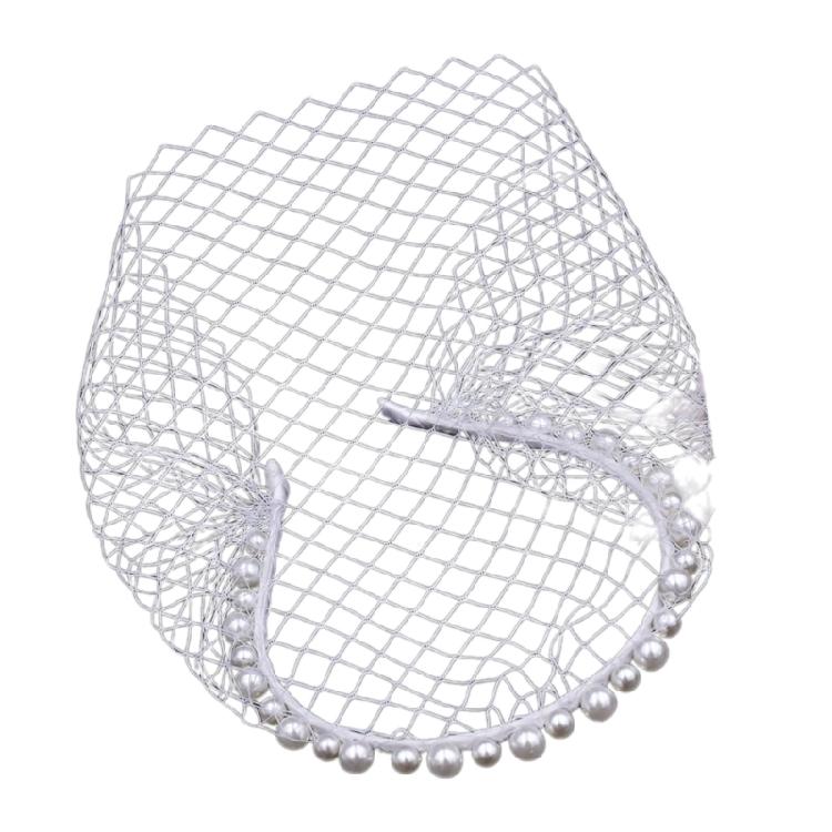 Breathable Face Veil Hairband Bridal Shower Hairhoop Head Accessory with Pearls Decors for Special Occasion Formal Outfit
