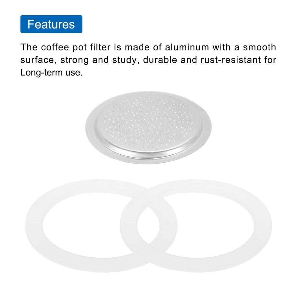 uxcell Aluminum Coffee Pot Accessory for Stainless Steel Espresso Maker, Includes 1 Filter and 2 Silicone Gasket Seals, 64x53x3.4mm, 6-Cup Moka