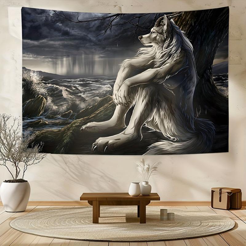 VIKAMA White Wolf Tapestry Moody Stormy Shoreline Artistic Wall Decor for Bedroom Dorm Living Room Cool Vintage Style