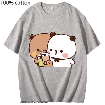BuBu Condivisione Bevanda con il Suo Amore DuDu Maglietta Kawaii Orso Panda Magliette a Manica Corta Abbigliamento Donna 100% Cotone Uomo