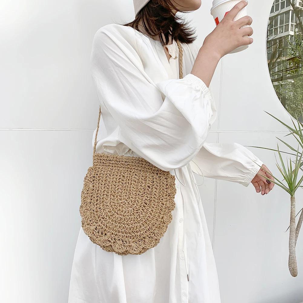 Hand-Woven Women Sling Purse Summer Crochet Beach Bag Adjustable Strap Woven Handbag Aesthetic Shoulder Bag Knitting Satchel Bag