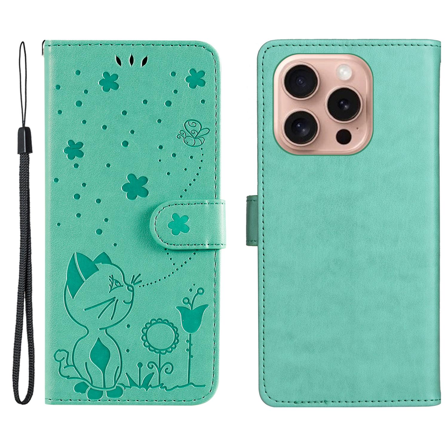 

Шкіряний чохол для iPhone 16 Pro з візерунком кота та бджоли, чохол для телефону-гаманець-підставка з ремінцем Green