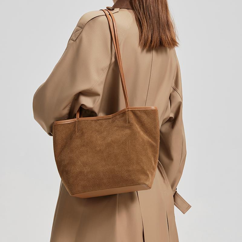 Ladies' suede shoulder bag stylish large capacity high-quality genuine leather casual shopping bag fashiable matching