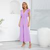Women Slim High Waist Wide Leg Jumpsuit Sleeveless Ruffle V Neck Pleated Pants