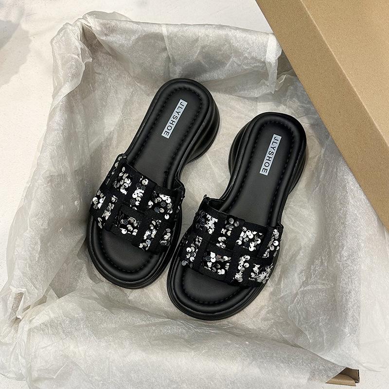 Muffin Platform Sandals Women Wear 2025 Summer New High-end French Sequins Versatile Internet Celebrity Word Sandals