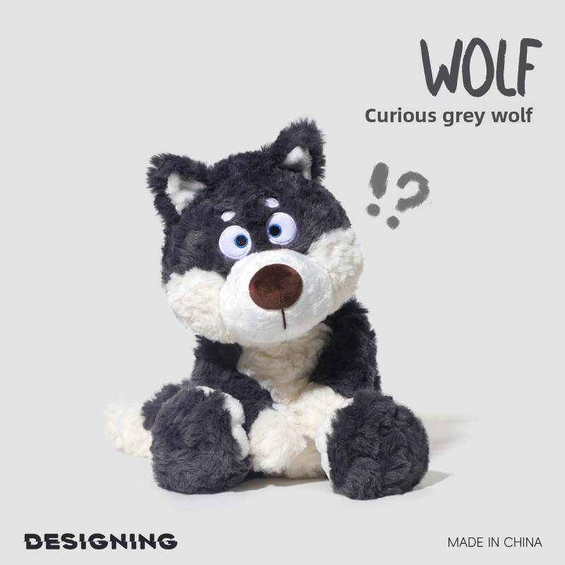 Curious Gray Wolf Plush Toy Soft Animal Cosy Stuffed Doll For Kids Gift