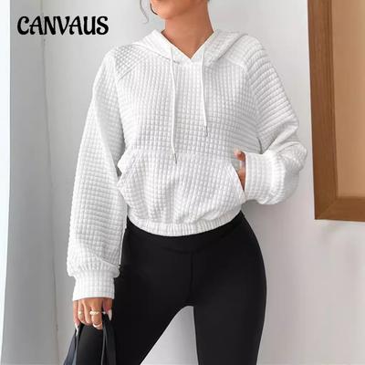 Spring Women's Loose Pullover Hoodie Long Sleeve Spliced Waffle Sweatshirt