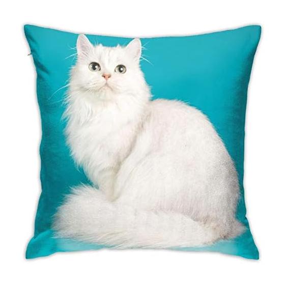 Cushion Cover 45 X 45cm Body Pillow Cover Long Hair White Cat Blue Cute Persian Cat Soft Cute Stylish Sofa Backrest Room Miscellaneous Home Use
