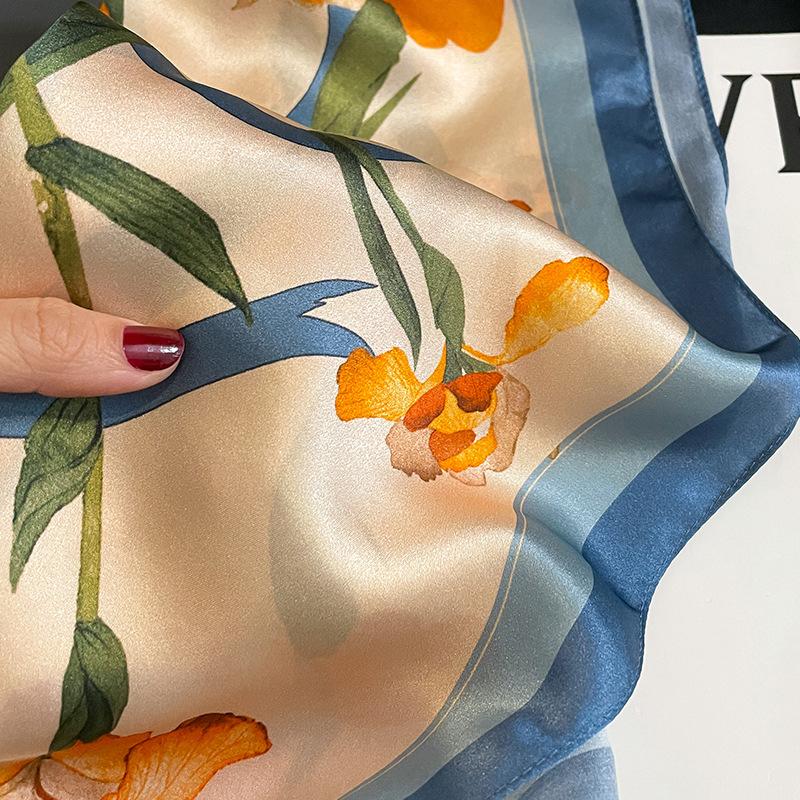 53Cm Women 100% Silk Scarf Nature Foulard Female Floral Neckerchief Bandana High Quality Small Scarves For Hairbands