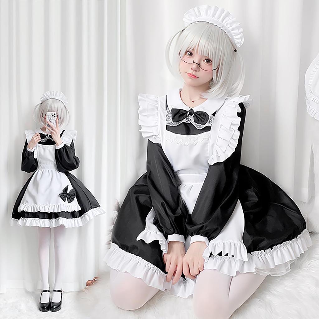 Milky Time Maid Costume, Halloween Cosplay, Long Sleeve Dress, Mini Length, Black