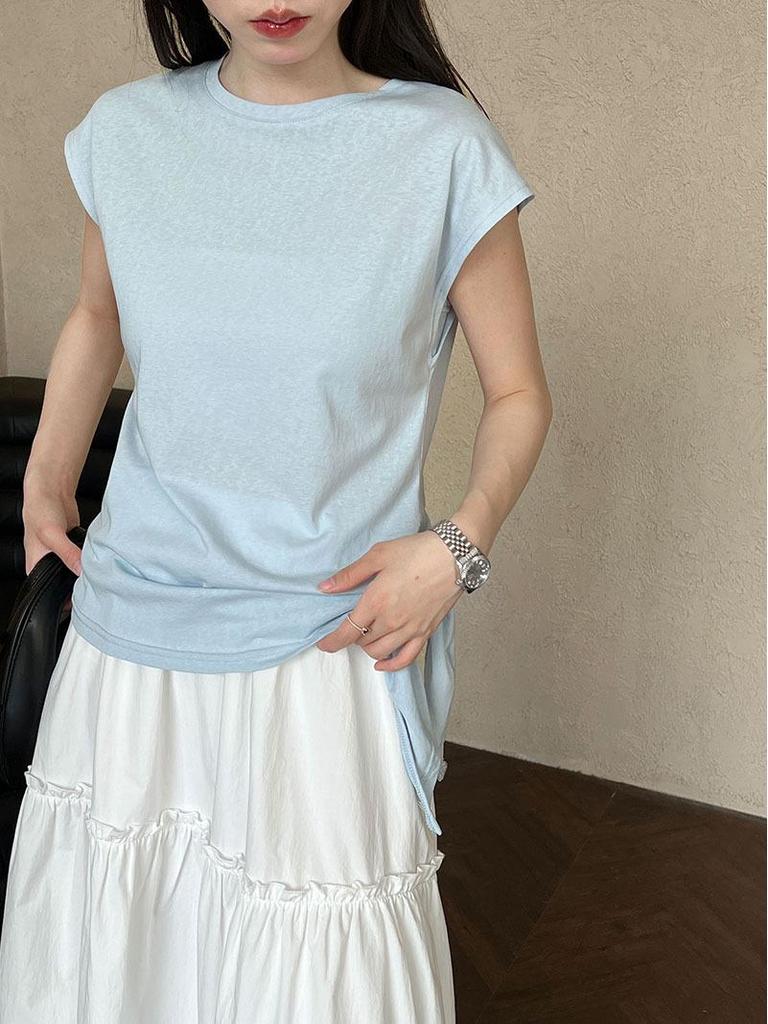 LUXI Koreanisches Schlank geschnittenes Kurzarm-T-Shirt mit Schnürung und unregelmäßigem Saum für Damen
