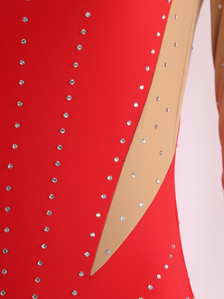 Unitard Lucios cu Strass-uri pentru Gimnastică Feminină, cu Mâneci Lungi și Mănuși, cu Picior, Culoare Contrastantă, Body pentru Patinaj Artistic