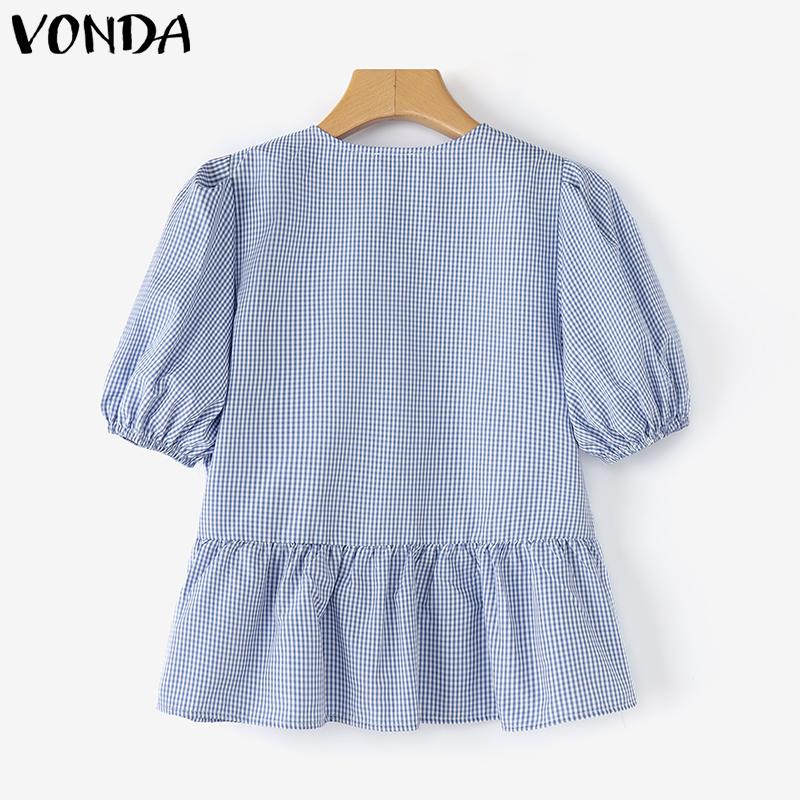 VONDA Women Summer Puff Sleeve Plaid Print Front Bow Knot Ruffled T-shirts Tops