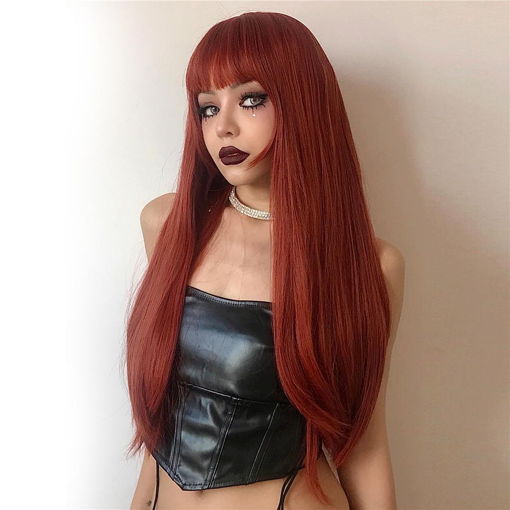 Lång Orange Röd Ingefära Rak syntetisk peruk för kvinnor Natural Wave Peruk med lugg Värmebeständig Cosplay Peruk