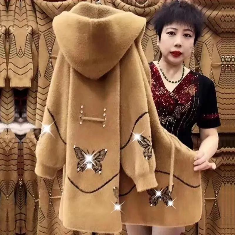 Women's Thickened Warm Imitation Mink Fleece Coat for Fall/Winter Long-Length Hooded Wool Coat for Middle-Aged and Elderly Women