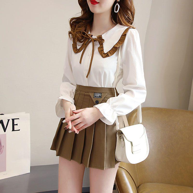 Women's Two-Piece Set: College-Style Doll Collar Shirt and High-Waist Pleated Skirt
