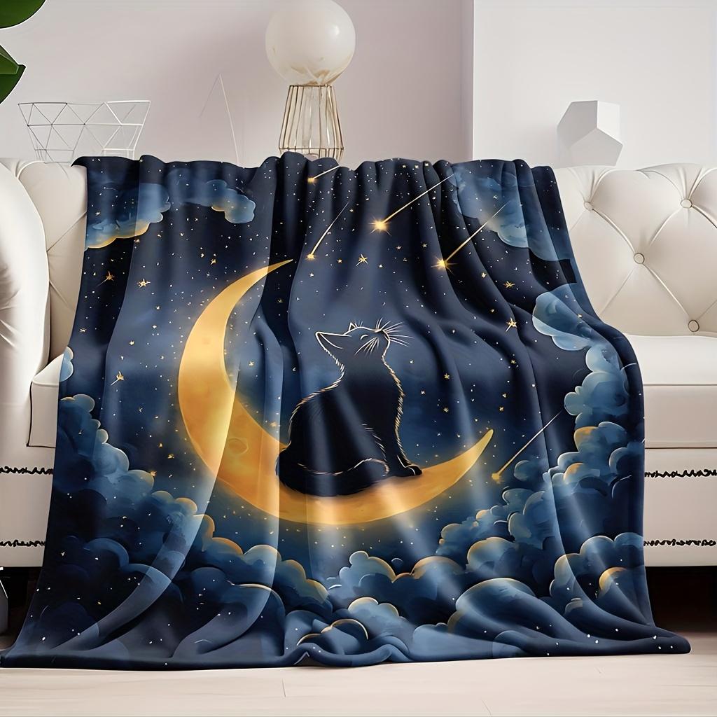 Cat, Moon, Stars Pattern Flannel Printed Blanket Suitable For All Seasons Suitable For Living Room Office Sofa And Travel