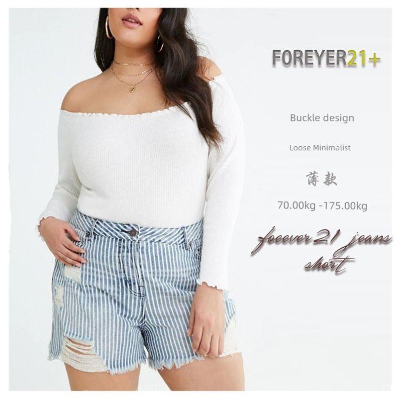 Clearance [Big Spring Plus Size] Cattle Goods Minimalist Vertical Stripes Ripped Shorts Summer Silm Easiest for Match