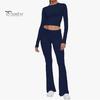 2 Pcs/Set Women Top Pants Suit Skinny High Waist O Neck Long Sleeves Pure Color Stretchy Soft Breathable Yoga Bell Bottoms T-shirt Set Spring Summer