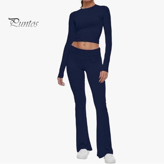 2 Pcs/Set Women Top Pants Suit Skinny High Waist O Neck Long Sleeves Pure Color Stretchy Soft Breathable Yoga Bell Bottoms T-shirt Set Spring Summer