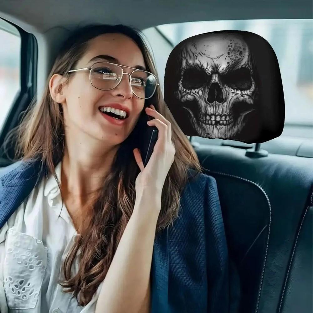 1Pc Funny Universal Car Headrest Cover Breathable Elastic Car Seat Cover Black Skull Pattern Dust-proof Car Pillowcase Halloween