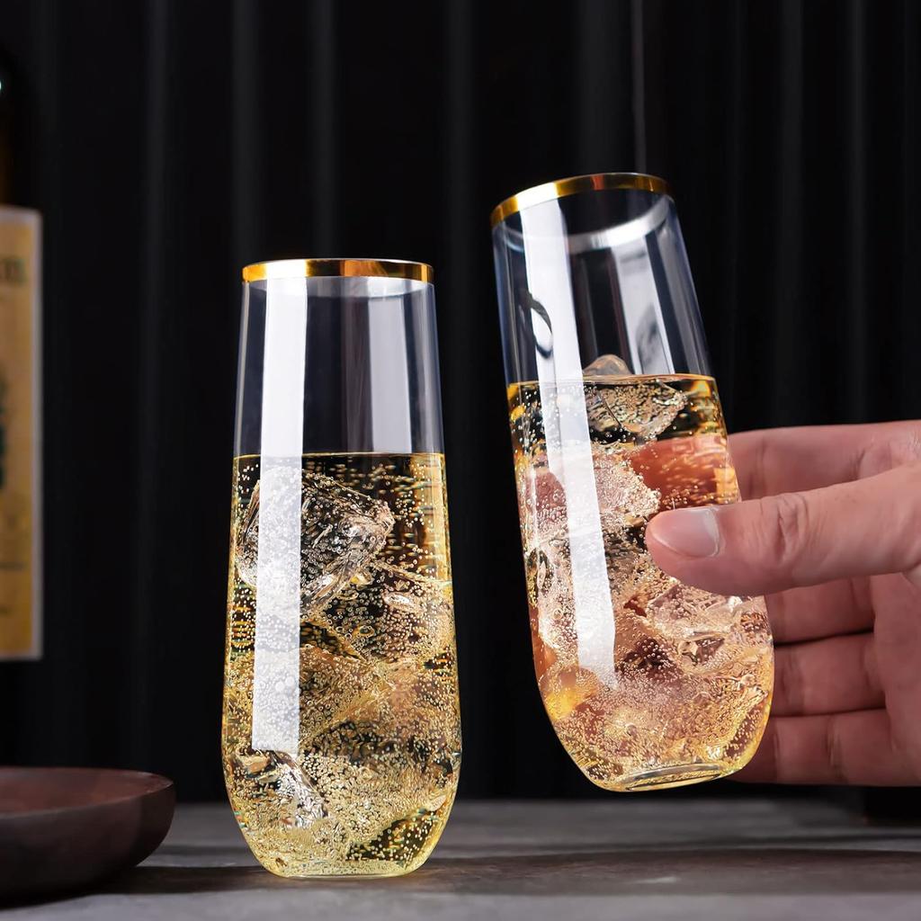 48 Pack Plastic Stemless Champagne Flutes, Disposable Unbreakable 9 Oz Toasting Glasses With Gold rim, Fancy & Shatterproof Champagne Glasses
