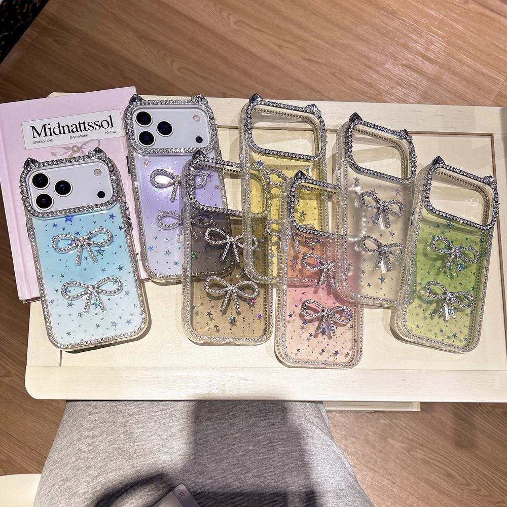 KEYSION Cute 3D Cat Ear Transparent Phone Case for iPhone 14 15 Pro Max 14 15 Plus Glitter Jewelled Bowknot Shockproof Back Cover