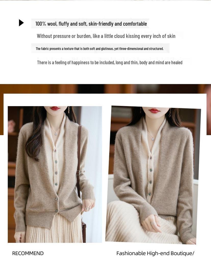 V Yaka Renk Bloklu %100 Yün Örgü Hırka - Sonbahar & Kış İki Parçalı Fransız Günlük Kazak Ceket