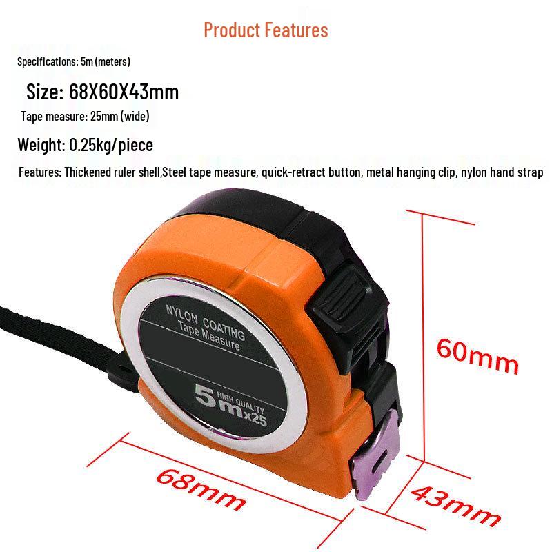 

5 м Стальная рулетка с корпусом из закаленного АБС-пластика - Прочная инженерная и бытовая линейка