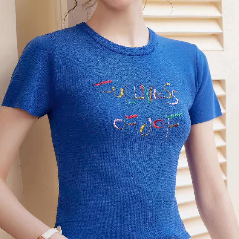 Women's Embroidered Slim Fit Short Sleeve Knit Top