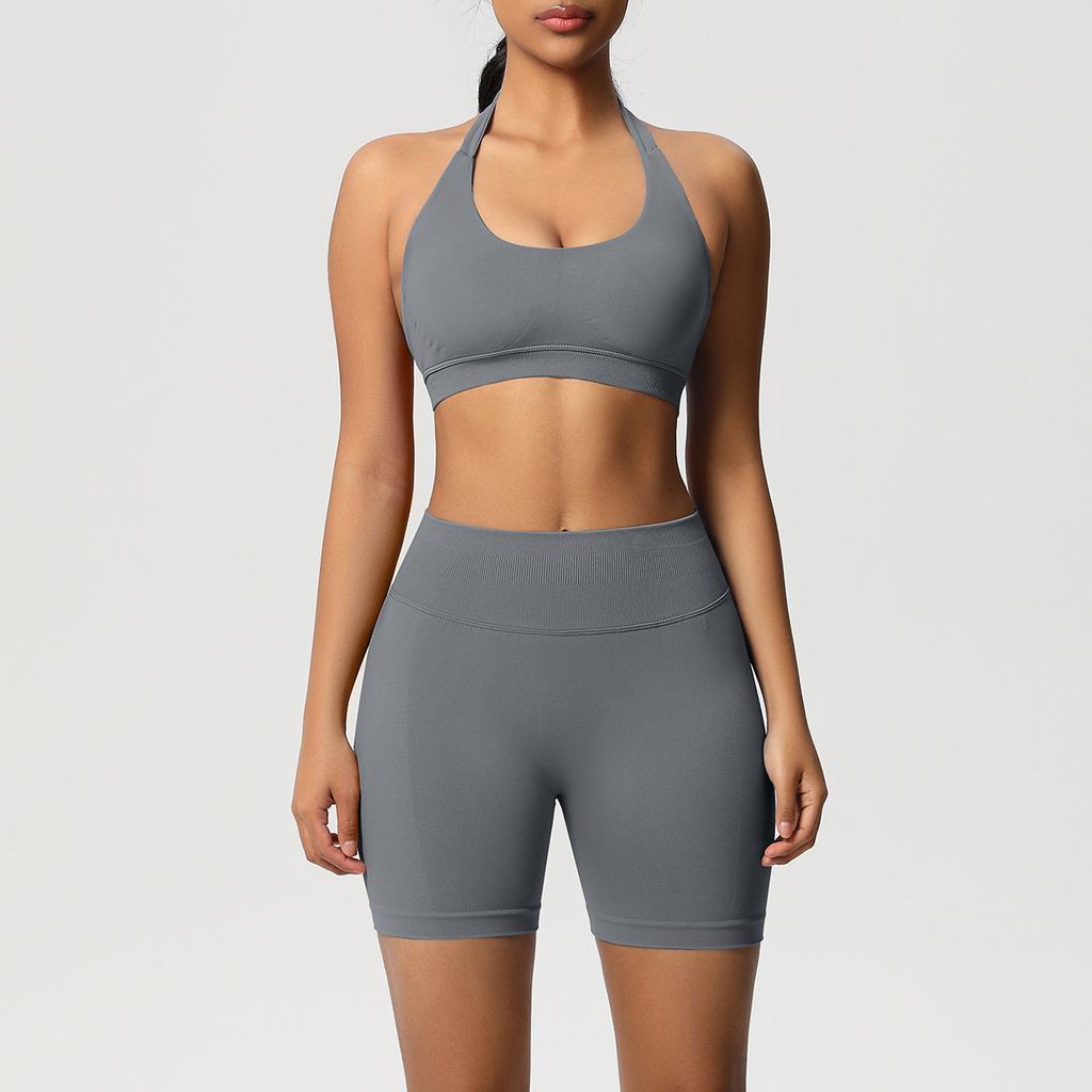 Seamless back neck sports bra shorts yoga suit tight running fitness two-piece set