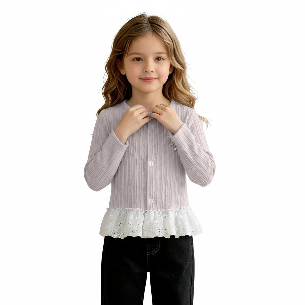 Girls Casual Long Sleeve Butterfly Design Cardigan with Lace Hem for Daily Wear