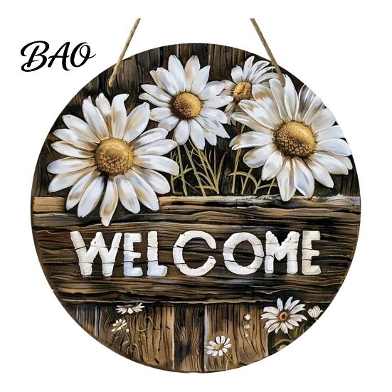 Indoor Outdoor Wall Decor Wooden Daisy Welcome Sign for Front Door, Rustic Farmhouse Hanging Gift Friends with Hemp Rope, Wood Plaque Home Entrance