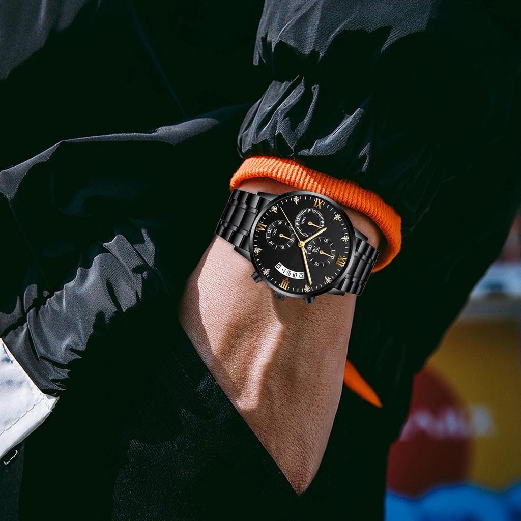 Multifunktionale Herren Quarz Uhr Business Strass Edelstahl Kalender Zeitmessung Armbanduhr