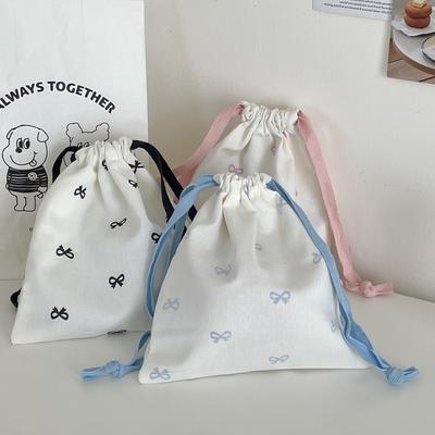 Canvas Drawstring Storage Bag Bow Printed Drawstring Hanging Bag Casual Bundle Pocket  School