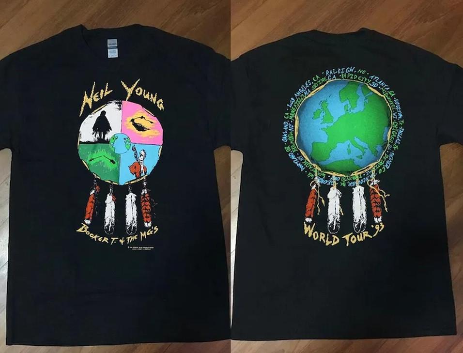 Neil Young Booker T 1993 Tričko ze světového turné – Safírové těžké tričko pro muže