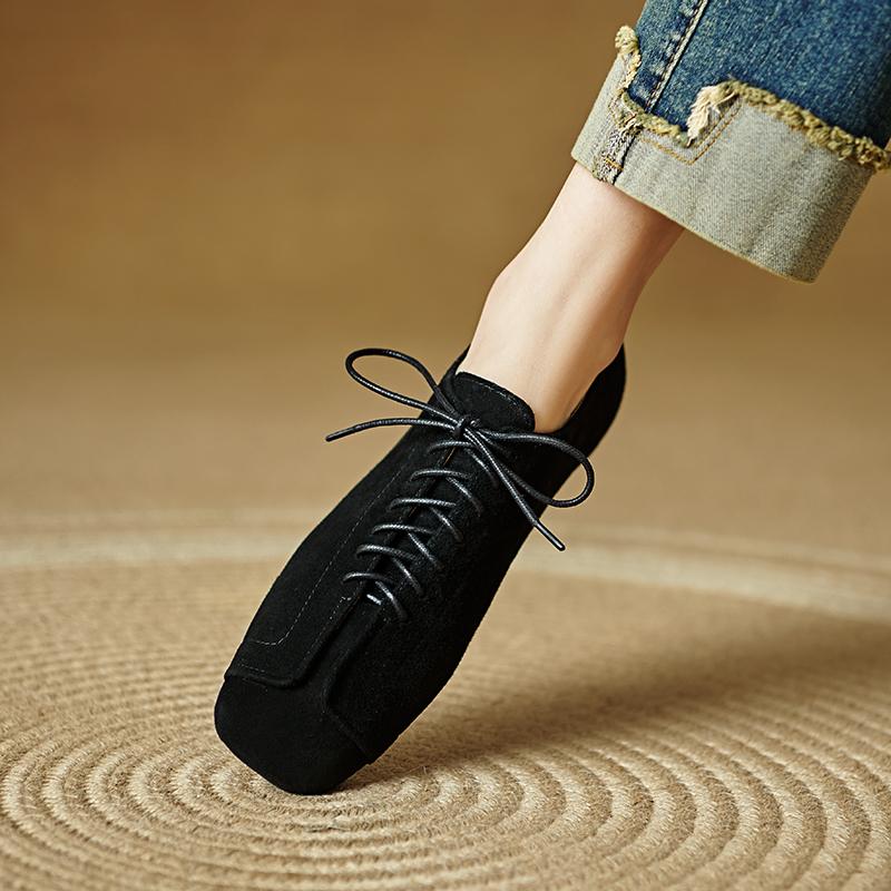 Fashion 2025 Spring New Women Lace-up Low Heel Square Toe Basic Casual Working Comfortable Soft Sheep Suede Leather Shoes Woman Concise