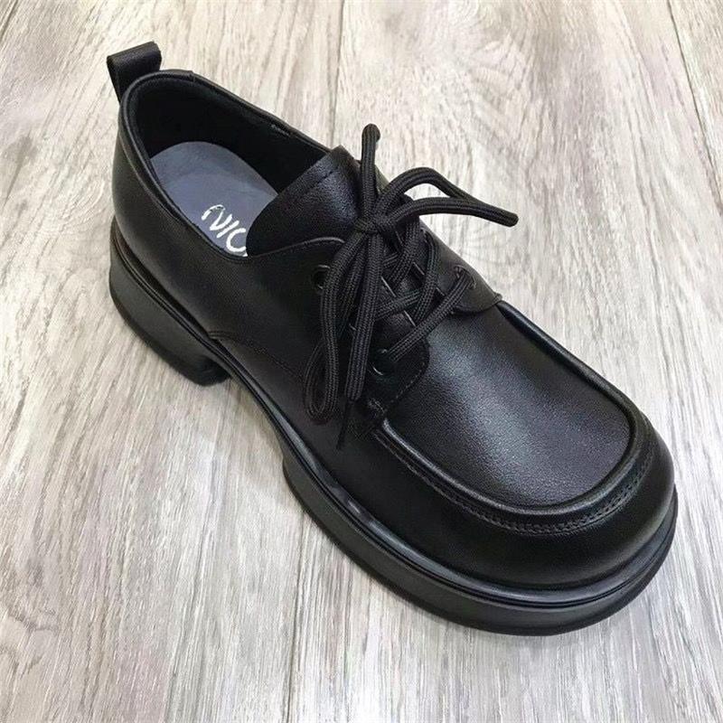 Soft Leather Platform Small Leather Women Spring and Autumn Models Round Head Lace-up Soft Sole Non-slip Loafers British Style Single Shoes