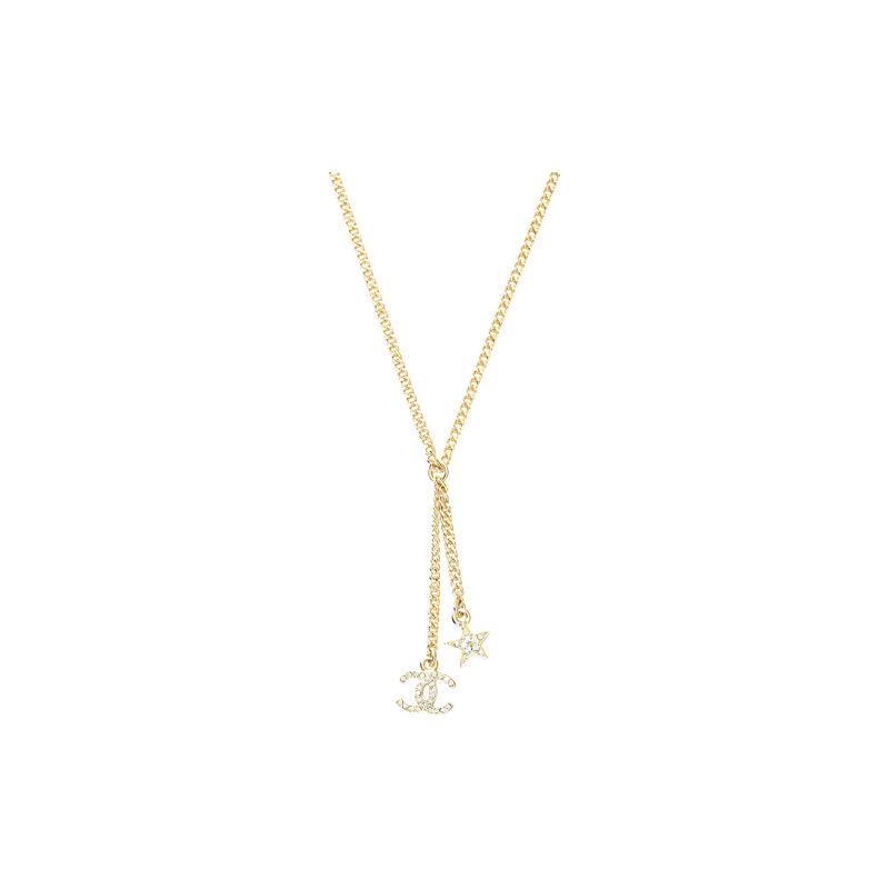 Chanel Double C Star Double C Rhinestone Necklace Women's Gold